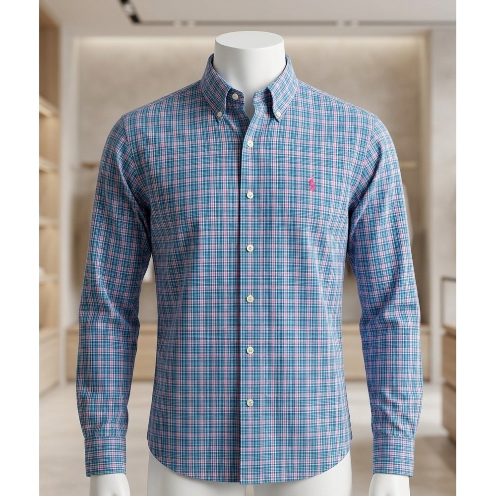 Polo Ralph Lauren Plaid Button Down Shirt Blue Pink Long Sleeve Mens Medium